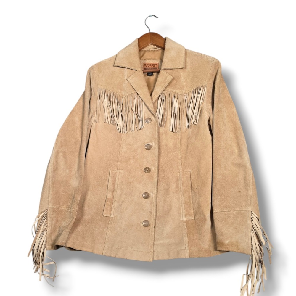 Vintage Esprit Beige Suede Fringe Western Jacket Womens Small Genuine Leather